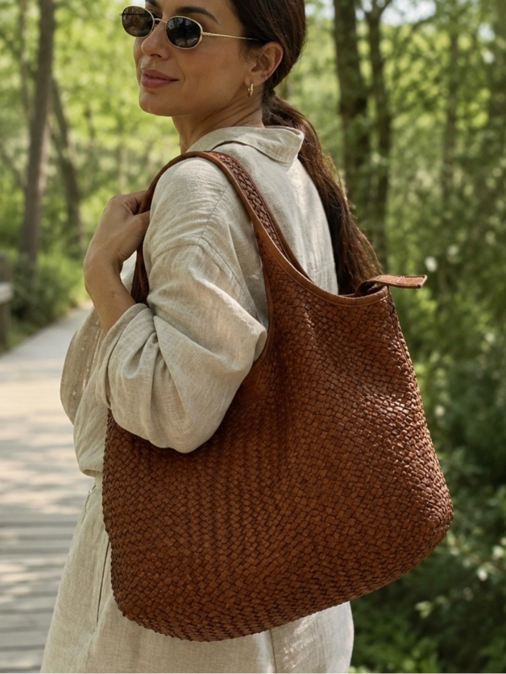 Platania Italy Woven Leather Hobo Bag Cognac Brown